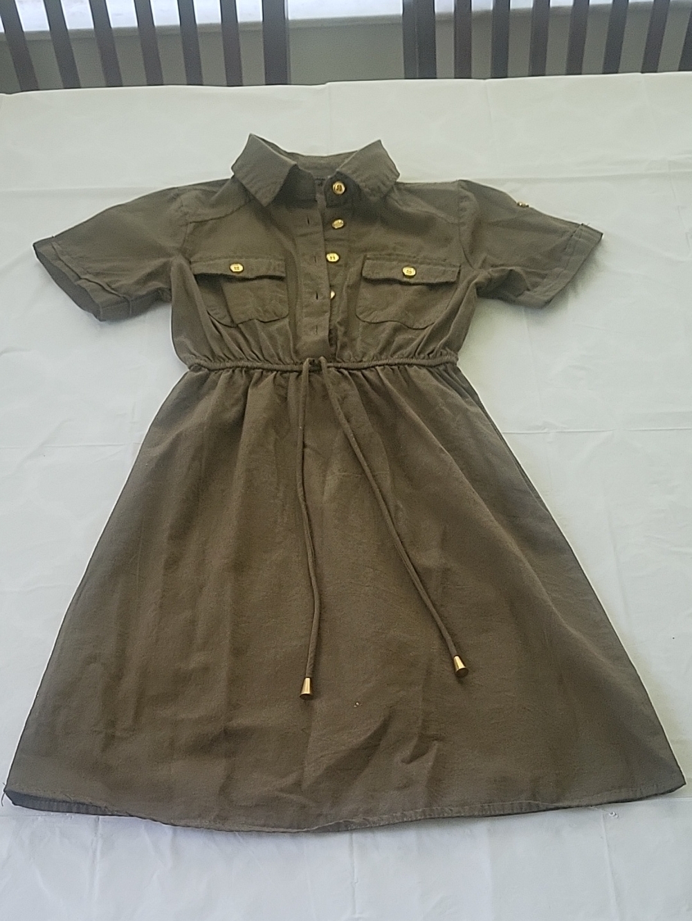 Girls Olive Utility Shirt Dress with Drawstring Waist